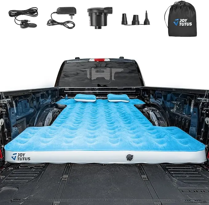 JOYTUTUS Truck Mattress for Camping 2.0, Air Bed with Inflatable Pillow for 6-6.5Ft, Full-Size Thicken Sleeping Pad with Cup Holder, Blow Up Bed for Car Truck Pickup F150, Blue White