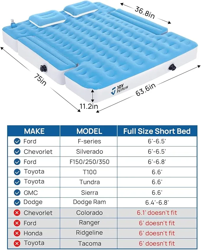 JOYTUTUS Truck Mattress for Camping 2.0, Air Bed with Inflatable Pillow for 6-6.5Ft, Full-Size Thicken Sleeping Pad with Cup Holder, Blow Up Bed for Car Truck Pickup F150, Blue White
