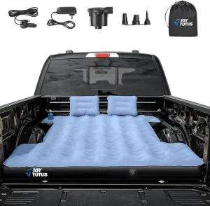 JOYTUTUS Truck Mattress for Camping, Air Bed with Inflatable Pillow for 5.5-5.8Ft, Full-Size Thicken Sleeping Pad with Cup Holder, Blow Up Bed for Car Truck Pickup F150, Grey Blue