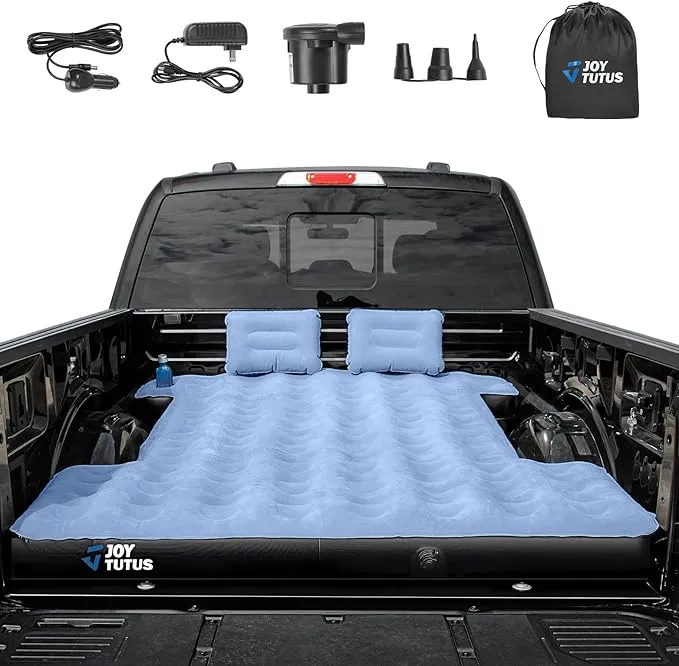 JOYTUTUS Truck Mattress for Camping, Air Bed with Inflatable Pillow for 5.5-5.8Ft, Full-Size Thicken Sleeping Pad with Cup Holder, Blow Up Bed for Car Truck Pickup F150, Grey Blue
