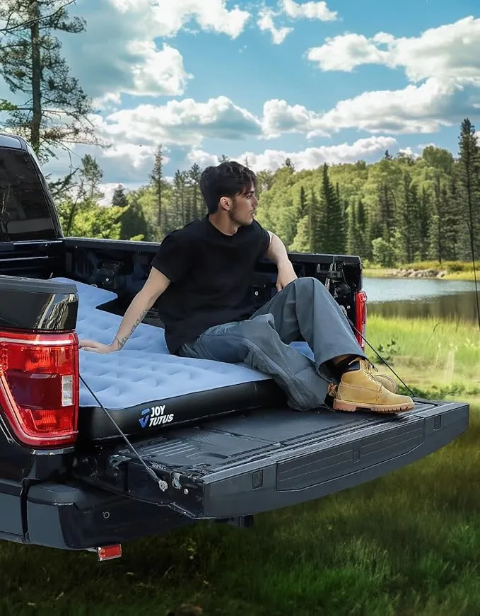 JOYTUTUS Truck Mattress for Camping, Air Bed with Inflatable Pillow for 5.5-5.8Ft, Full-Size Thicken Sleeping Pad with Cup Holder, Blow Up Bed for Car Truck Pickup F150, Grey Blue