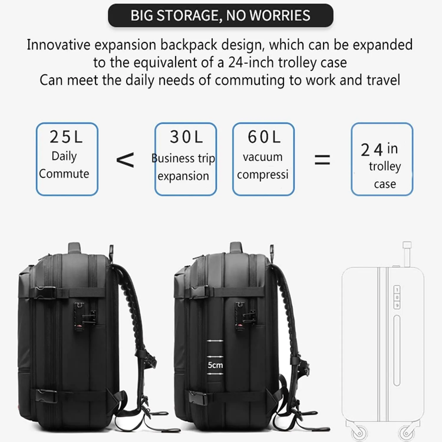 JTKDL Men's Backpack, 19in Expandable Laptop Backpacks, Large-Capacity Vacuum Compression Bag, Dry and Wet Separation Travel Handbag (Color : Black)