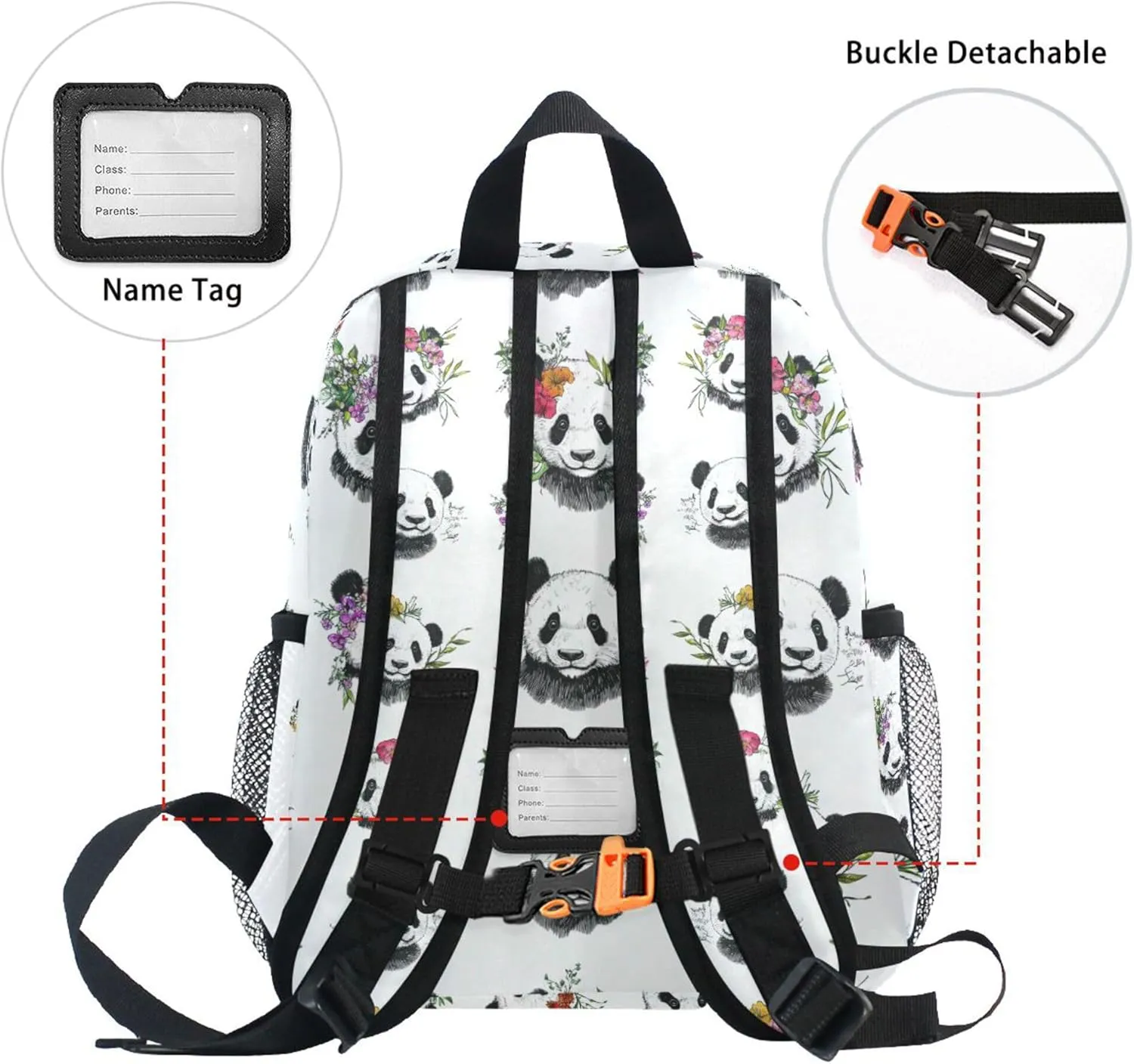JUNZAN Art Panda White Kids Sport Backpack Bottle Pockets Toddlers School Backpack for Girls Bookbag for Camping