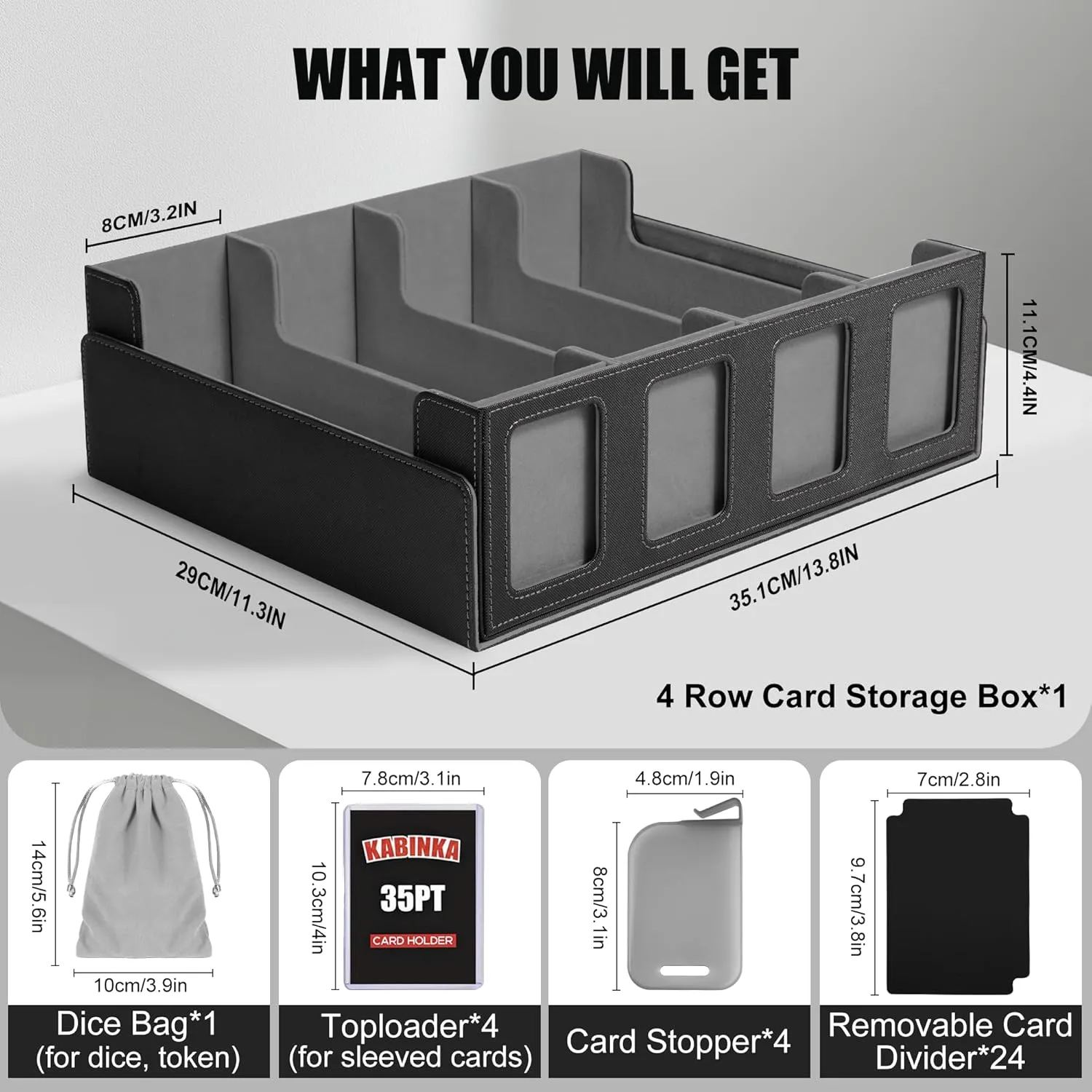 Kabinka Trading Card Storage Box with Commander Display, 4-Row Deck Case with Removable Lid; 2400  Card Deck Box for MTG TCG Sports Card, 4 Toploaders, 4 Stoppers, 24 Dividers,1 Dice Bag (Black)