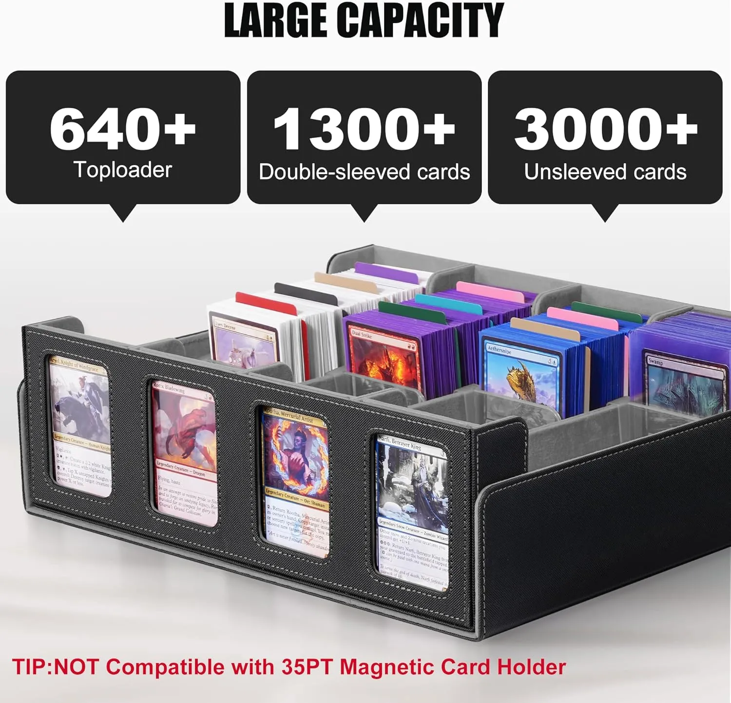 Kabinka Trading Card Storage Box with Commander Display, 4-Row Deck Case with Removable Lid; 2400  Card Deck Box for MTG TCG Sports Card, 4 Toploaders, 4 Stoppers, 24 Dividers,1 Dice Bag (Black)