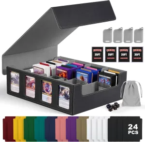 Kabinka Trading Card Storage Box with Commander Display, 4-Row Deck Case with Removable Lid; 2400  Card Deck Box for MTG TCG Sports Card, 4 Toploaders, 4 Stoppers, 24 Dividers,1 Dice Bag (Black)