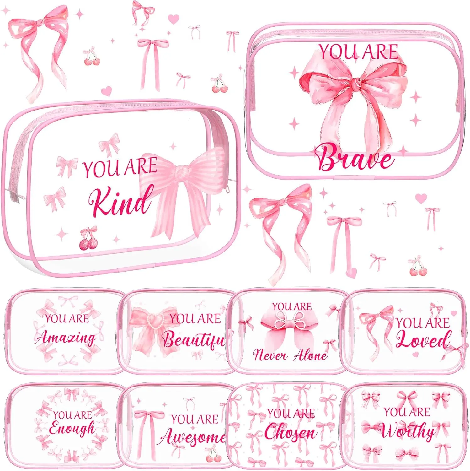 Kacctyen 10 Pcs Inspirational Pink Bow Makeup Bag 7 x 4.7 x 2.4'' Clear Coquette Stuff Cosmetic Bag Bulk Positive Affirmations Pink Bow Toiletry Pouch Waterproof PVC for Girls Women Nurse Team Bestie