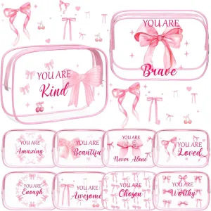 Kacctyen 10 Pcs Inspirational Pink Bow Makeup Bag 7 x 4.7 x 2.4'' Clear Coquette Stuff Cosmetic Bag Bulk Positive Affirmations Pink Bow Toiletry Pouch Waterproof PVC for Girls Women Nurse Team Bestie