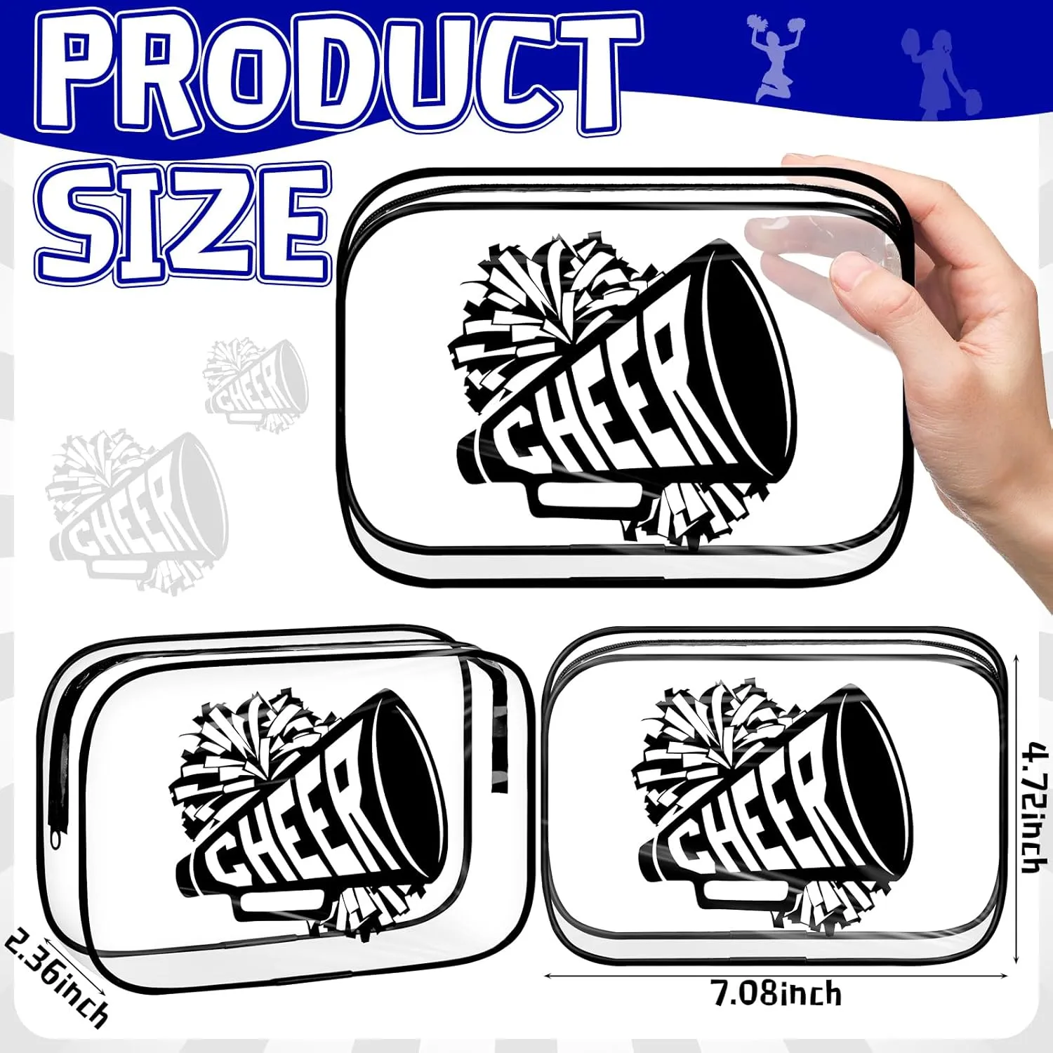 Kacctyen 12 Pcs Cheer Makeup Bag Cheer Gifts Bulk for Team 7 x 4.7 x 2.4'' Cosmetic Bag Cheerleader PVC Makeup Case Clear Toiletry Zipper Pouch for Cheerleading Teammates Party Supplies (Black)