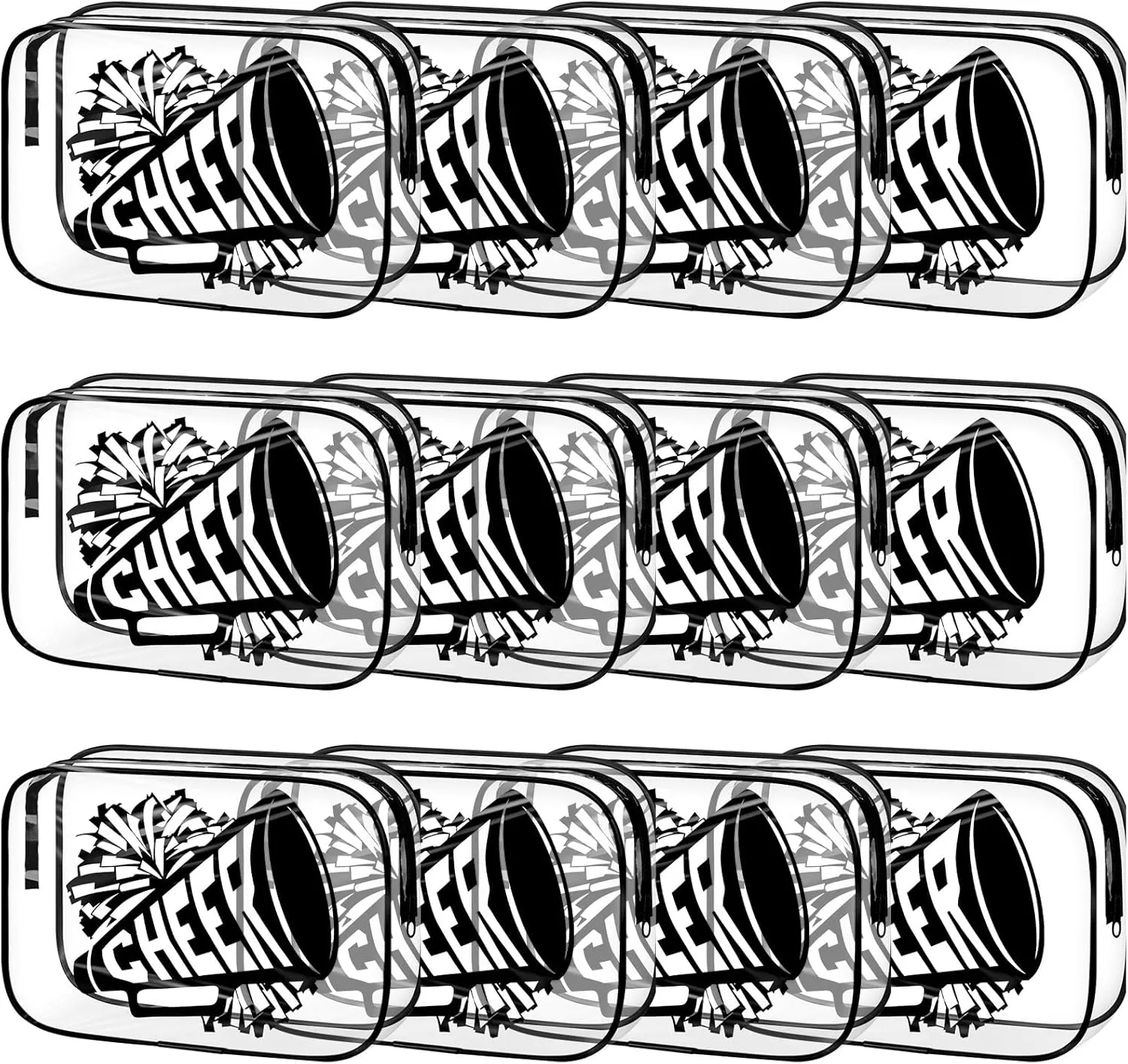 Kacctyen 12 Pcs Cheer Makeup Bag Cheer Gifts Bulk for Team 7 x 4.7 x 2.4'' Cosmetic Bag Cheerleader PVC Makeup Case Clear Toiletry Zipper Pouch for Cheerleading Teammates Party Supplies (Black)