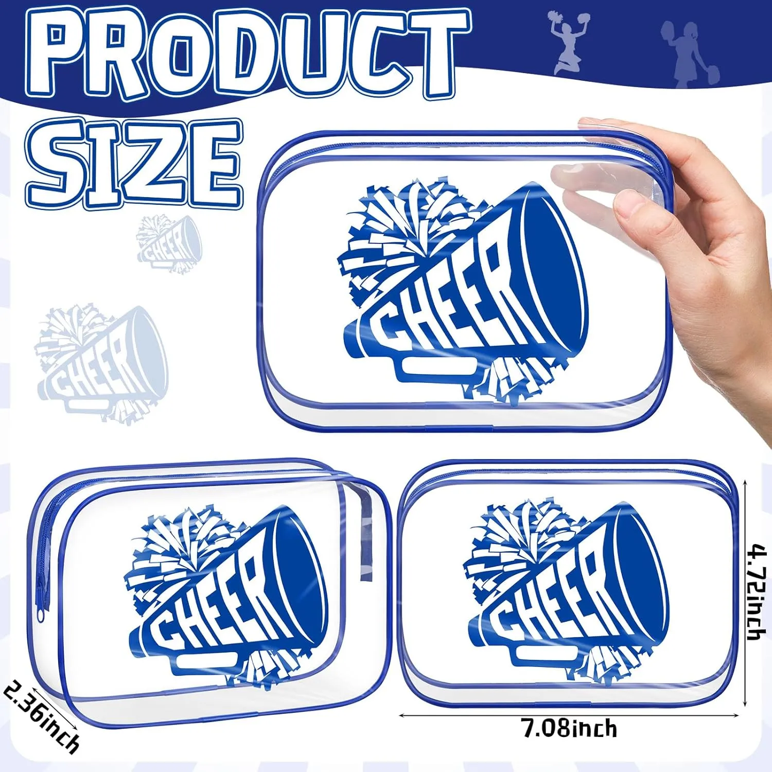 Kacctyen 12 Pcs Cheer Makeup Bag Cheer Gifts Bulk for Team 7 x 4.7 x 2.4'' Cosmetic Bag Cheerleader PVC Makeup Case Clear Toiletry Zipper Pouch for Cheerleading Teammates Party Supplies(Dark Blue)
