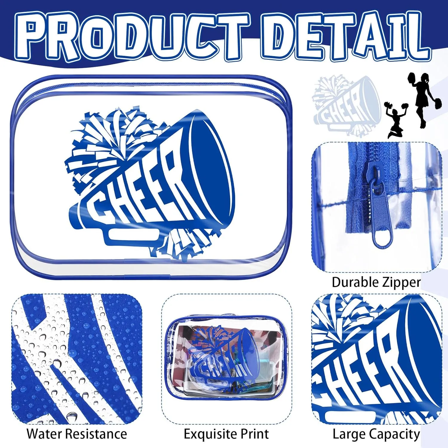 Kacctyen 12 Pcs Cheer Makeup Bag Cheer Gifts Bulk for Team 7 x 4.7 x 2.4'' Cosmetic Bag Cheerleader PVC Makeup Case Clear Toiletry Zipper Pouch for Cheerleading Teammates Party Supplies(Dark Blue)