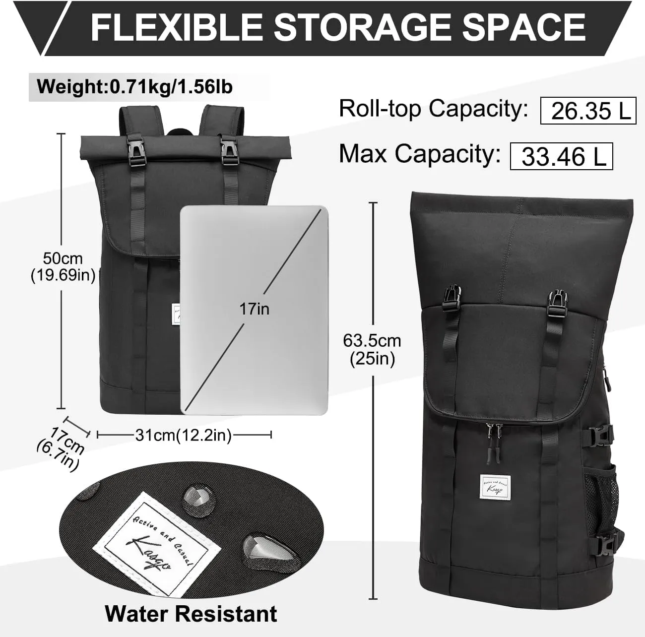 Kasqo Rolltop Backpack for Men, 17 Inch Laptop Backpacks Large Capacity Lightweight Water Resistant College Travel Daypack