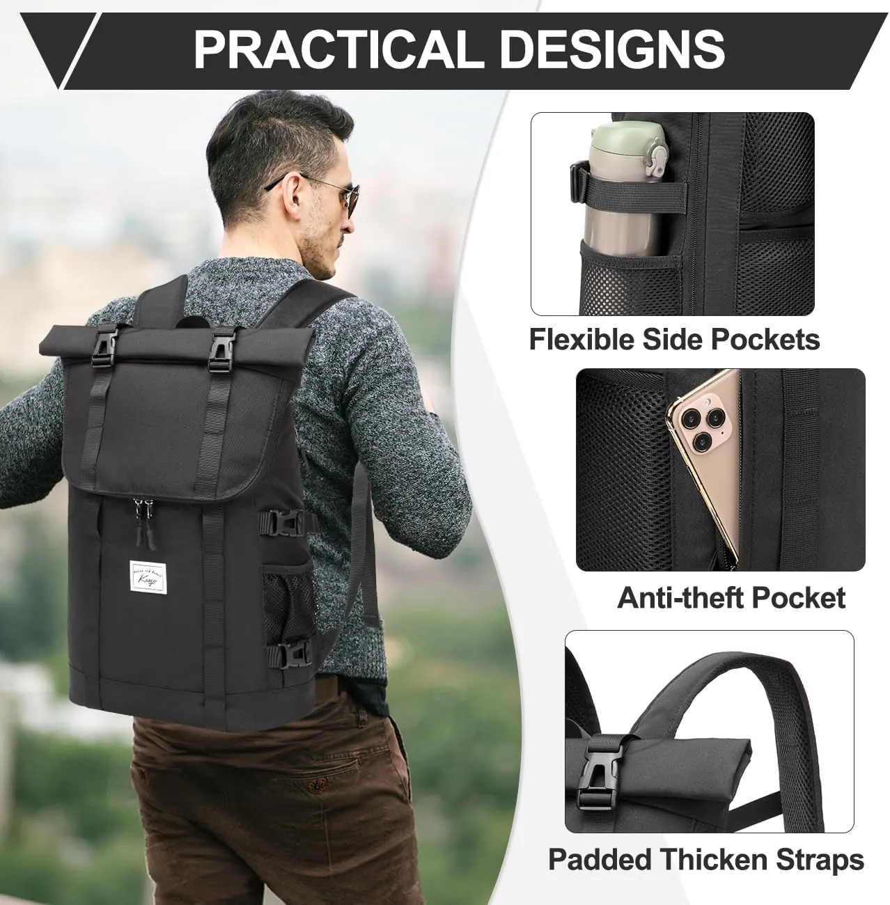 Kasqo Rolltop Backpack for Men, 17 Inch Laptop Backpacks Large Capacity Lightweight Water Resistant College Travel Daypack