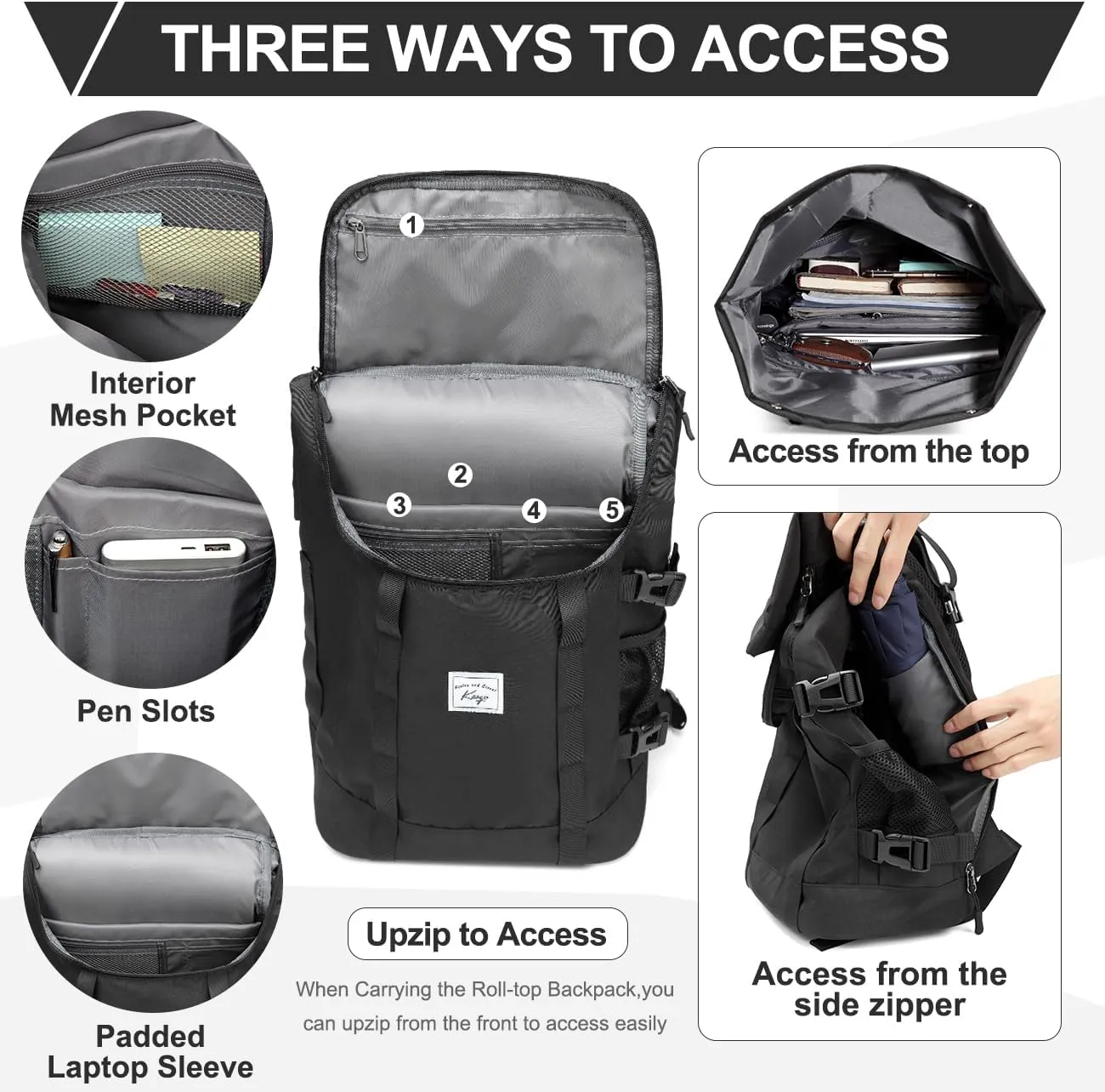 Kasqo Rolltop Backpack for Men, 17 Inch Laptop Backpacks Large Capacity Lightweight Water Resistant College Travel Daypack