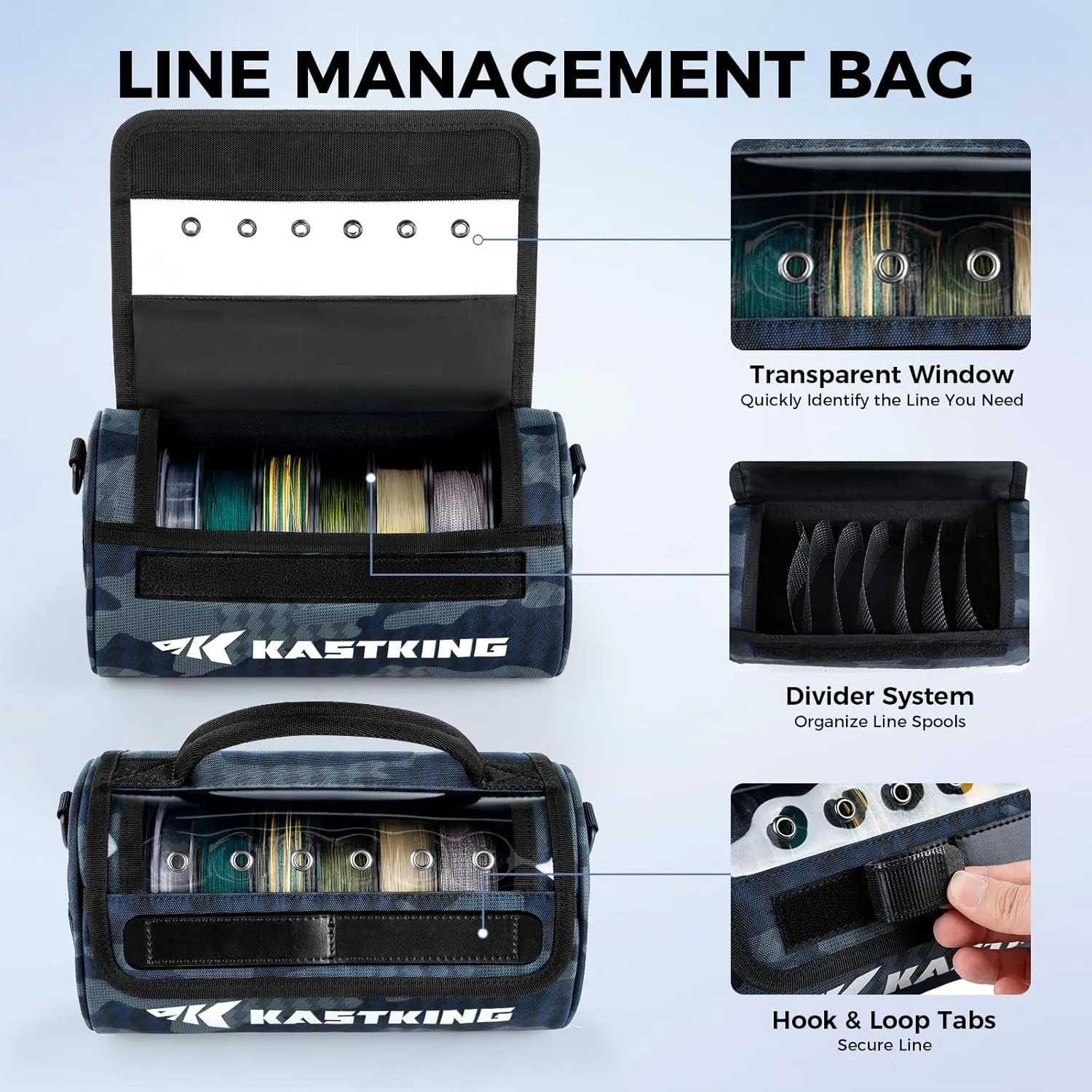 KastKing BaitSpace Line Management Bag, Fishing Line Storage Bag with Water Resistant Nylon, Clear View Window, Removable Divider for Up to 10 Spools, Tangle-free Leader Line Holder