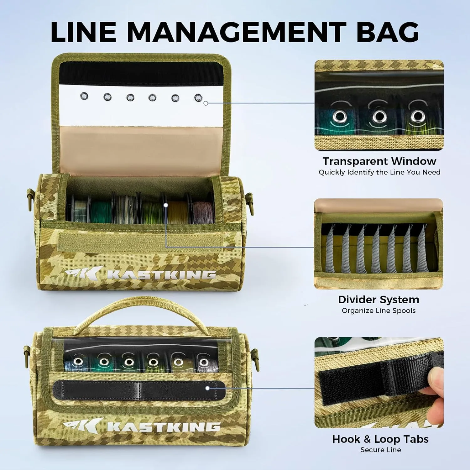 KastKing BaitSpace Line Management Bag, Fishing Line Storage Bag with Water Resistant Nylon, Clear View Window, Removable Divider for Up to 10 Spools, Tangle-free Leader Line Holder