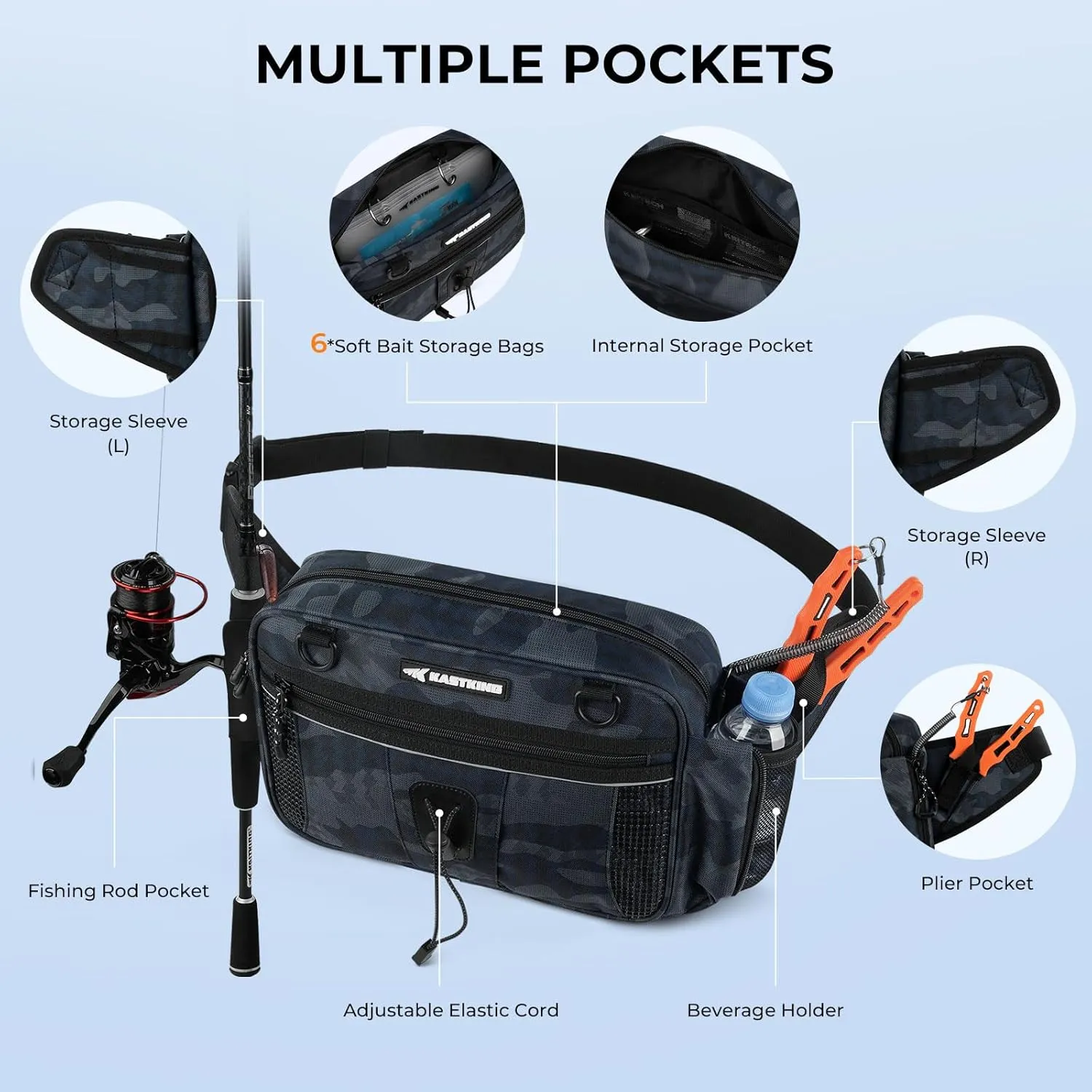 KastKing BaitSpace Waist Bag – Waterproof Tackle Storage Bag With Adjustable Belt, Fishing Fanny Pack for Men, Soft Bait Organizer, 3600 Utility Box, Rod Holder, Nylon