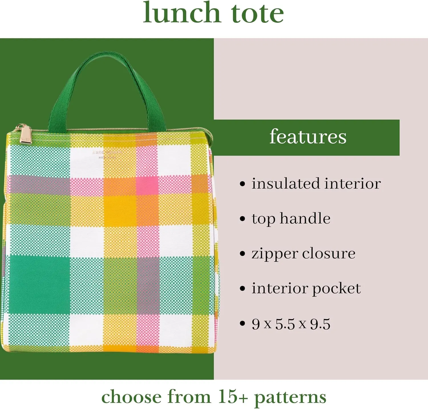 Kate Spade New York Portable Soft Cooler Lunch Bag, Small Insulated Tote, Thermal Lunch Bag with Silver Insulated Lining and Storage Pocket, Spring Plaid