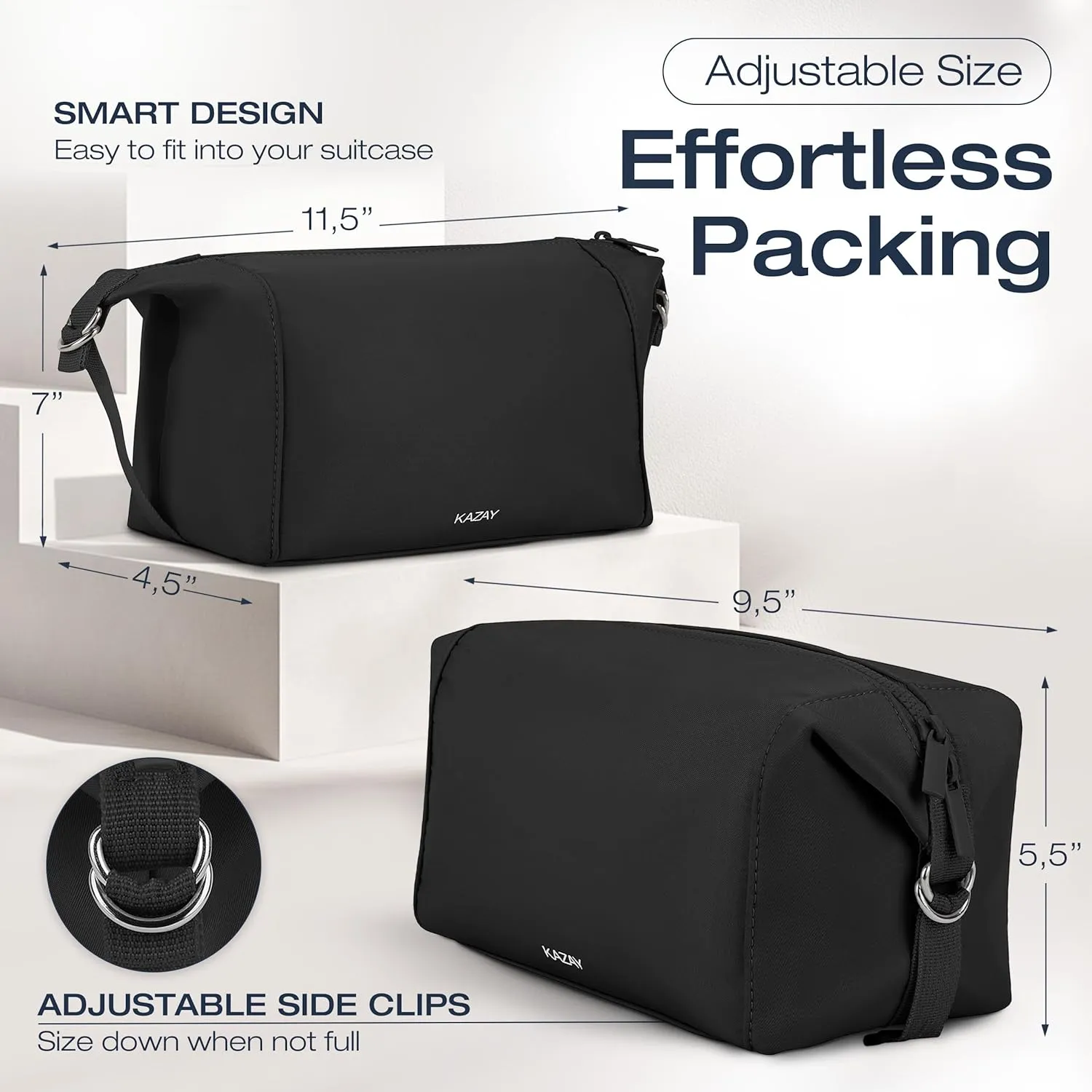 KAZAY Travel Toiletry Bag, Large Capacity with Side Clips for Adjustable Sizing, Premium High-Density Nylon, Water Resistant, Cosmetic Bag, Makeup Bag, Stylish, Full-Size Bottles, Unisex (Black)