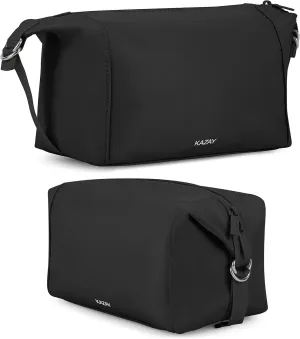 KAZAY Travel Toiletry Bag, Large Capacity with Side Clips for Adjustable Sizing, Premium High-Density Nylon, Water Resistant, Cosmetic Bag, Makeup Bag, Stylish, Full-Size Bottles, Unisex (Black)