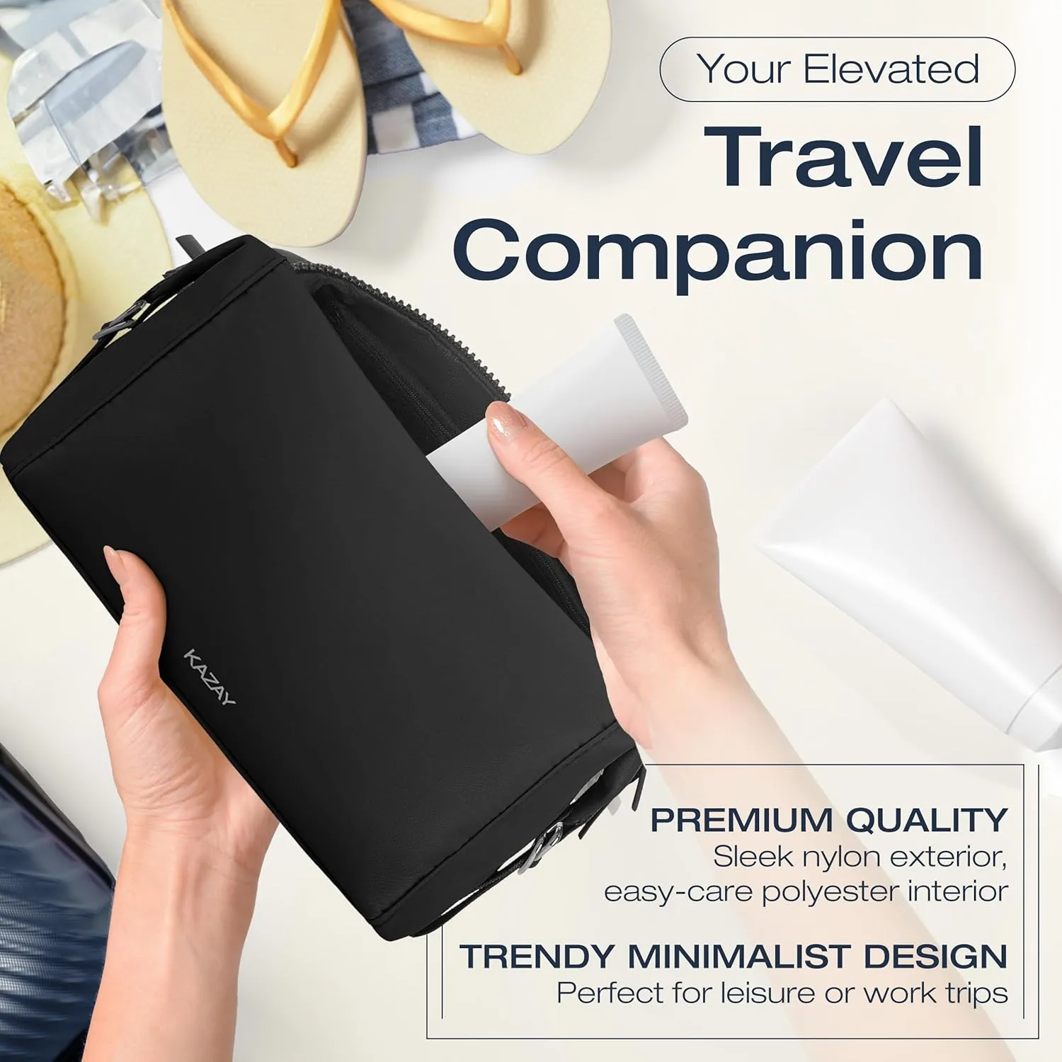 KAZAY Travel Toiletry Bag, Large Capacity with Side Clips for Adjustable Sizing, Premium High-Density Nylon, Water Resistant, Cosmetic Bag, Makeup Bag, Stylish, Full-Size Bottles, Unisex (Black)