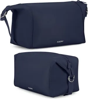KAZAY Travel Toiletry Bag, Large Capacity with Side Clips for Adjustable Sizing, Premium High-Density Nylon, Water Resistant, Cosmetic Bag, Makeup Bag, Stylish, Full-Size Bottles, Unisex (Navy)