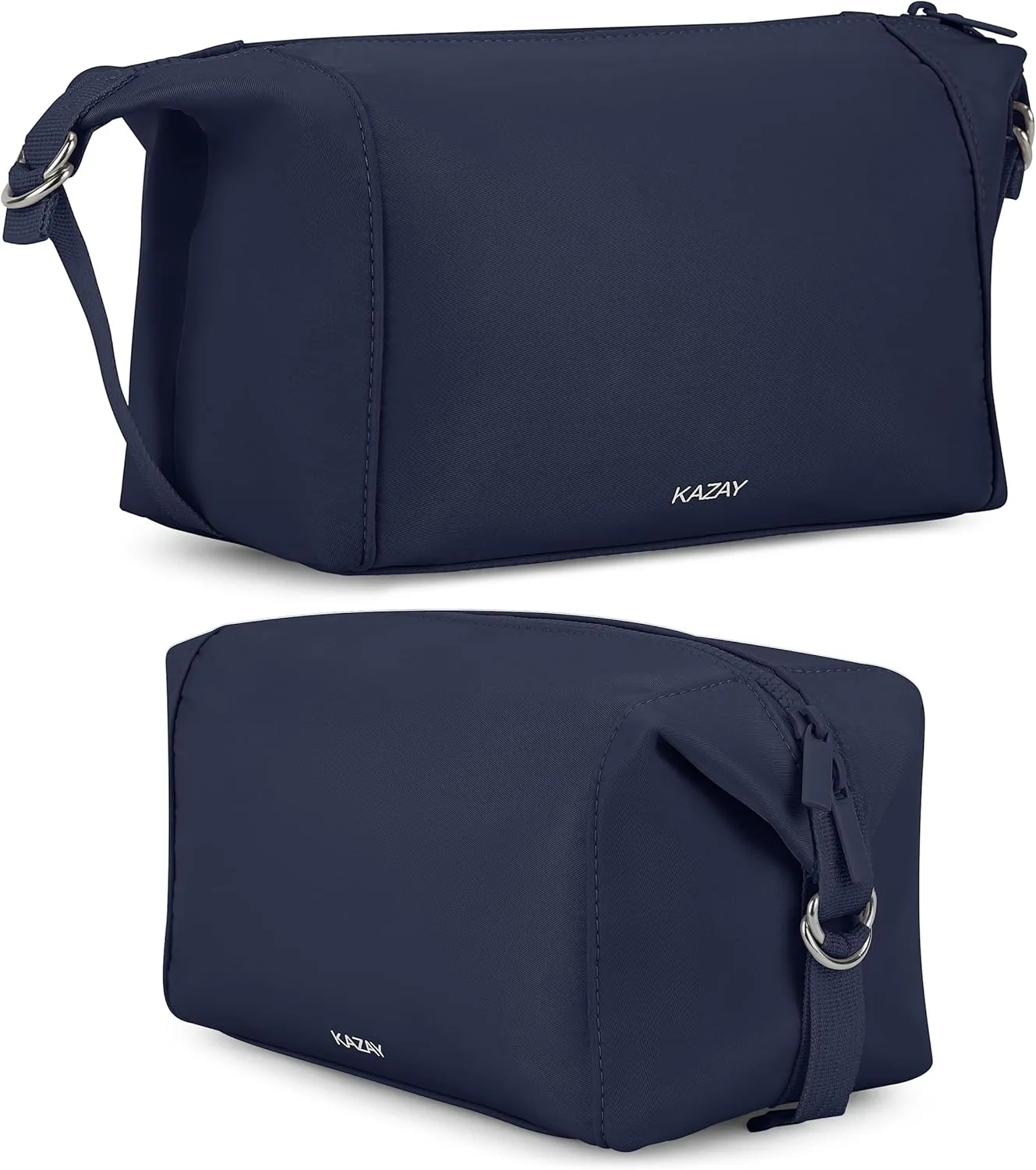 KAZAY Travel Toiletry Bag, Large Capacity with Side Clips for Adjustable Sizing, Premium High-Density Nylon, Water Resistant, Cosmetic Bag, Makeup Bag, Stylish, Full-Size Bottles, Unisex (Navy)