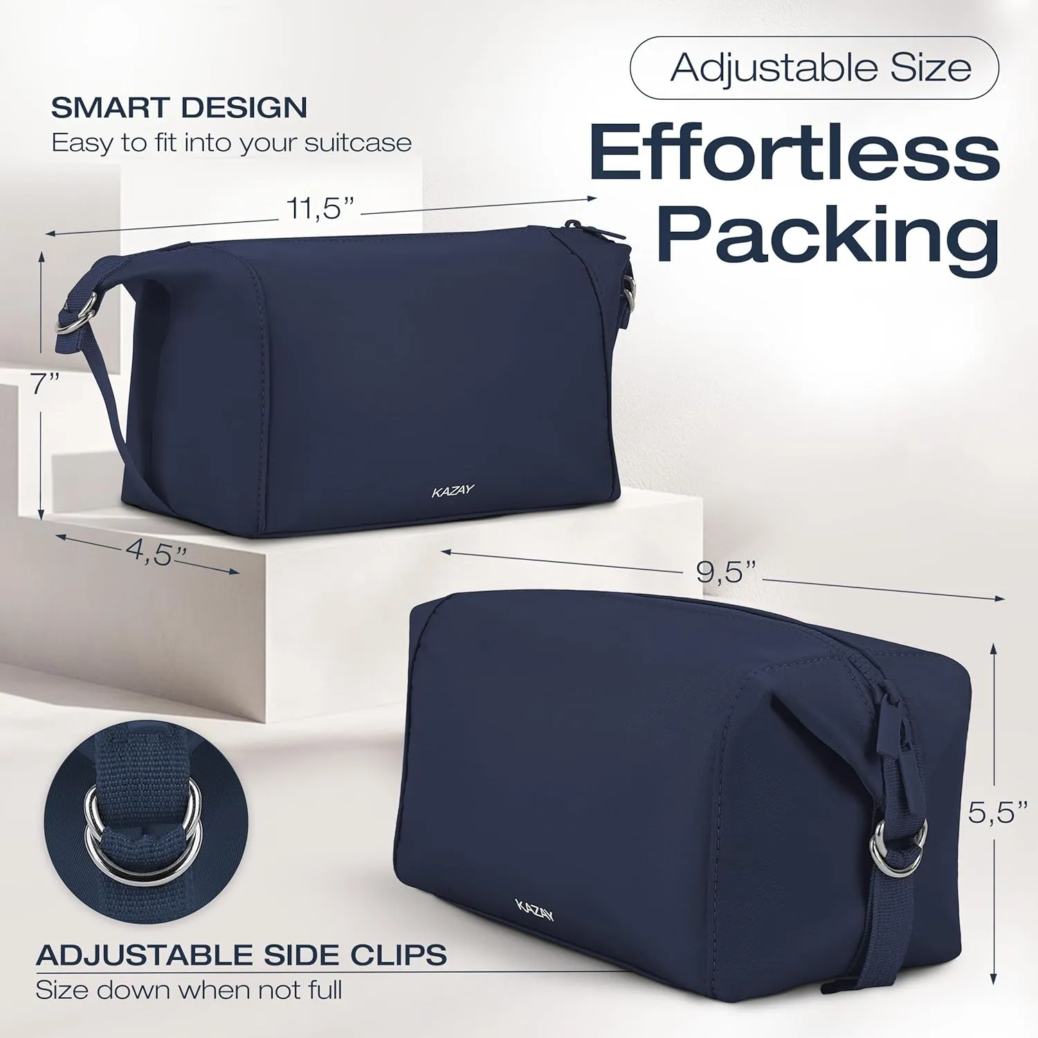 KAZAY Travel Toiletry Bag, Large Capacity with Side Clips for Adjustable Sizing, Premium High-Density Nylon, Water Resistant, Cosmetic Bag, Makeup Bag, Stylish, Full-Size Bottles, Unisex (Navy)