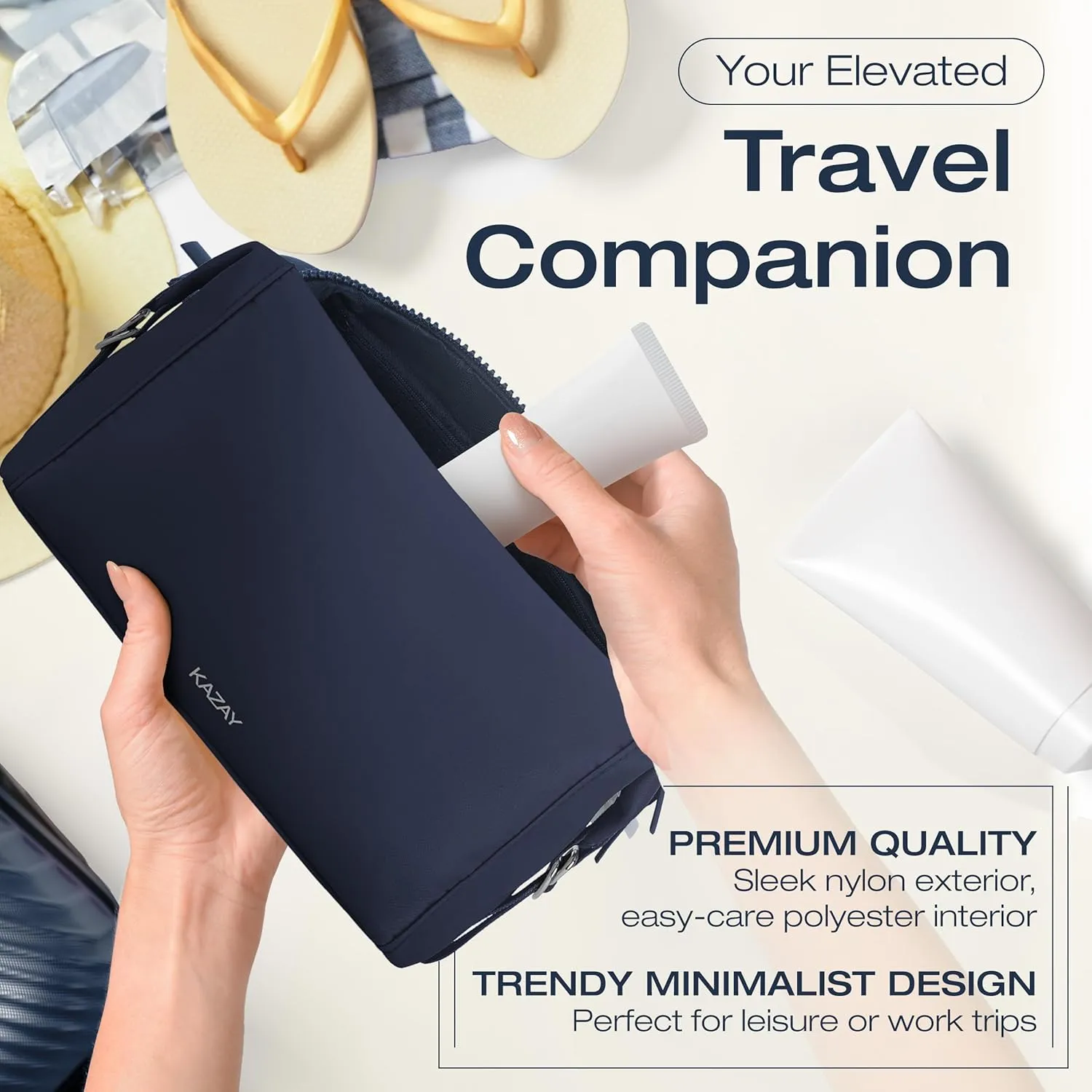 KAZAY Travel Toiletry Bag, Large Capacity with Side Clips for Adjustable Sizing, Premium High-Density Nylon, Water Resistant, Cosmetic Bag, Makeup Bag, Stylish, Full-Size Bottles, Unisex (Navy)