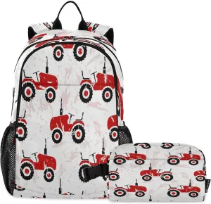 Kcldeci Backpacks for Primary Junior School Kids Backpack with Lunch Box Red Old Wheeled Tractors Bookbags for Boys Girls