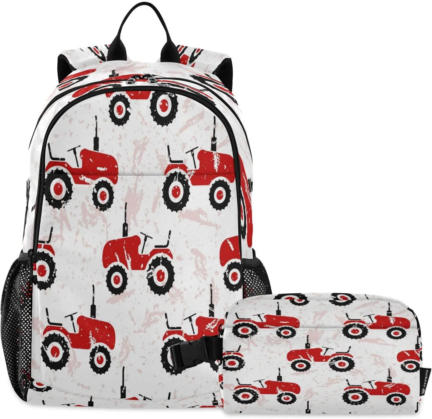Kcldeci Backpacks for Primary Junior School Kids Backpack with Lunch Box Red Old Wheeled Tractors Bookbags for Boys Girls
