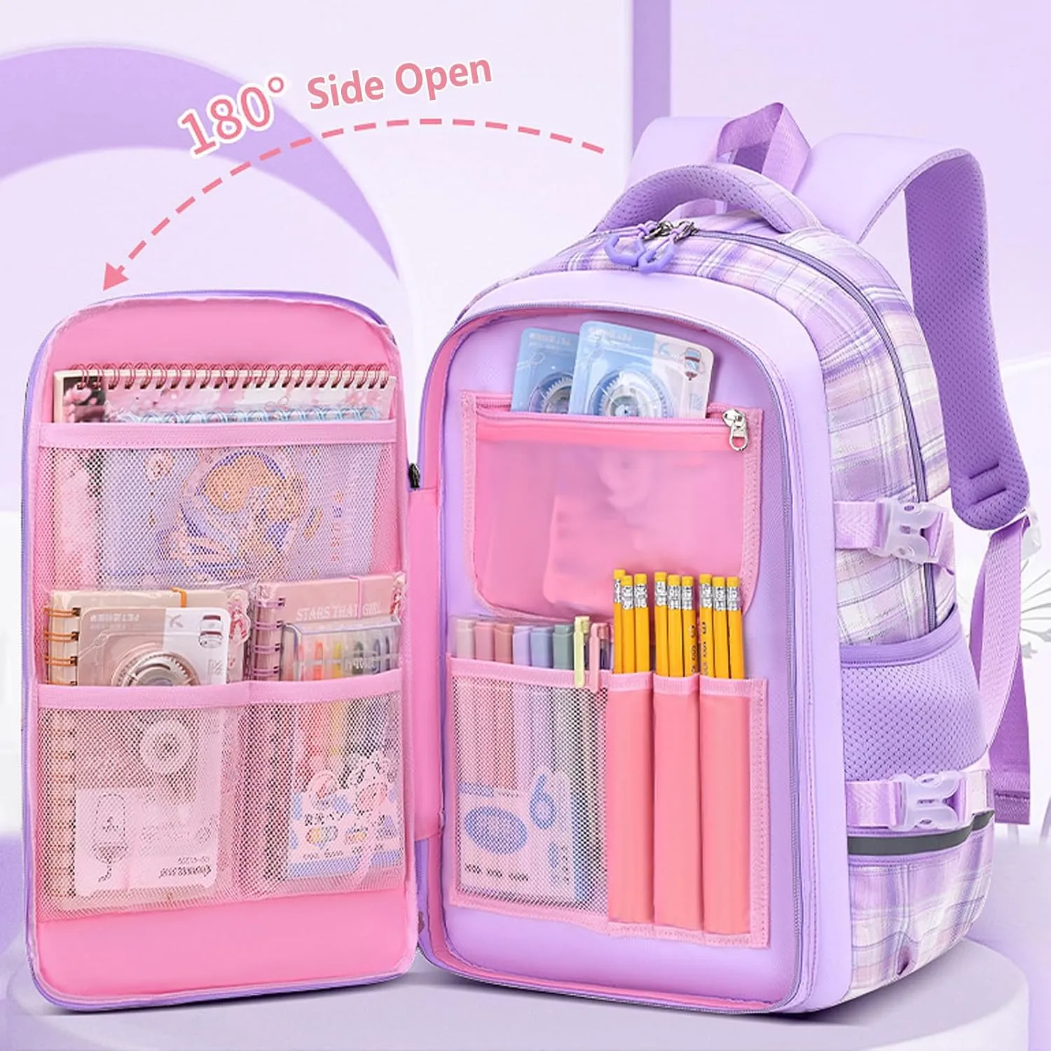 KEBEIXUAN School Backpacks for Girls Large Capacity Kids Kawaii Backpack School Bag for Girls 6-12 Years Old (Plaid Blue)