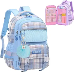 KEBEIXUAN School Backpacks for Girls Large Capacity Kids Kawaii Backpack School Bag for Girls 6-12 Years Old (Plaid Blue)