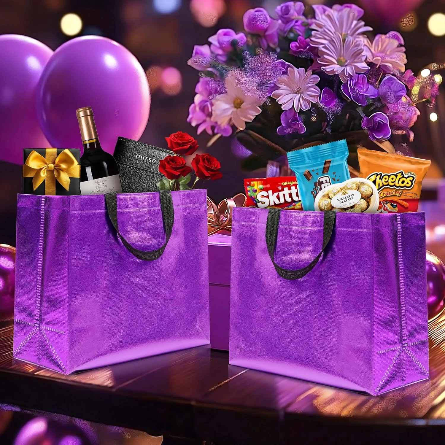 KeerxunBag 12Pcs Reusable Gift Bags（Includes Tissue Paper） Gift bag with handle Birthdays Parties Holidays Weddings Medium 13x5x11in Purple Gift Bags
