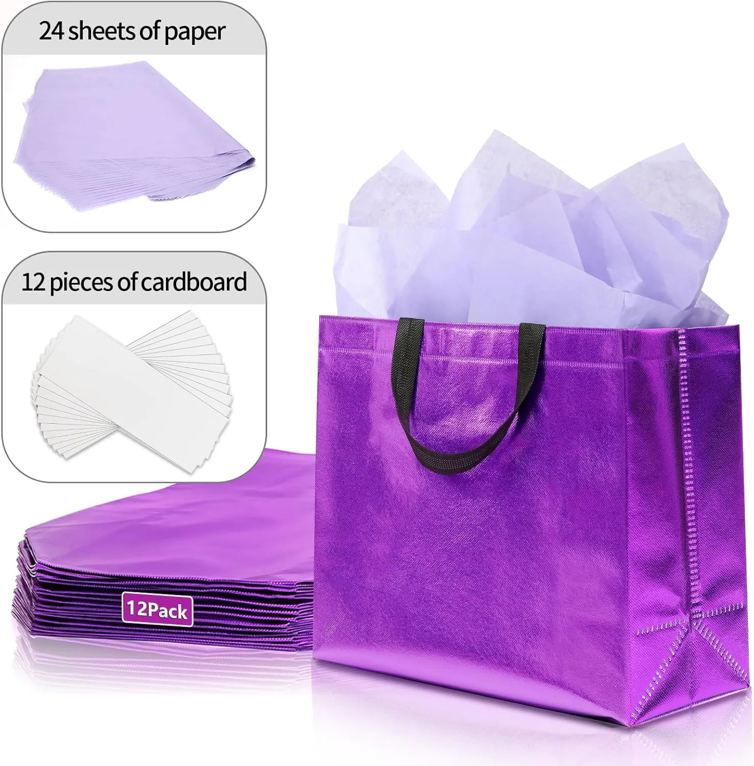 KeerxunBag 12Pcs Reusable Gift Bags（Includes Tissue Paper） Gift bag with handle Birthdays Parties Holidays Weddings Medium 13x5x11in Purple Gift Bags