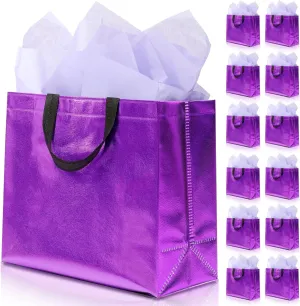 KeerxunBag 12Pcs Reusable Gift Bags（Includes Tissue Paper） Gift bag with handle Birthdays Parties Holidays Weddings Medium 13x5x11in Purple Gift Bags