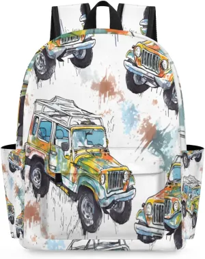 Kids Backpack for Girls Boys School Bookbag Water Resistant Lightweight Travel Bag Adjustable Shoulder Straps Preschool Primary School Toddler Backpack Watercolor Pattern Jeep Car