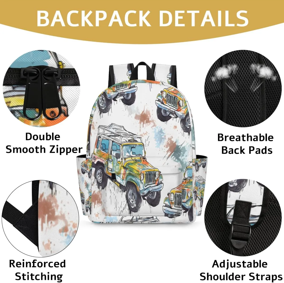 Kids Backpack for Girls Boys School Bookbag Water Resistant Lightweight Travel Bag Adjustable Shoulder Straps Preschool Primary School Toddler Backpack Watercolor Pattern Jeep Car