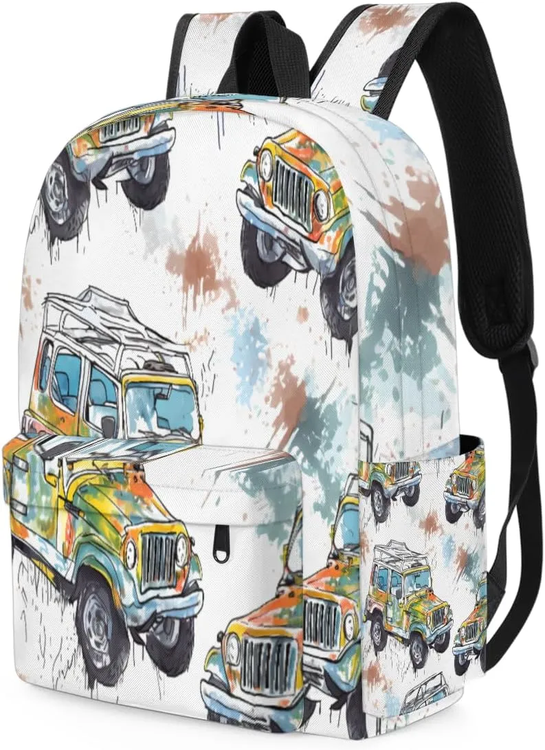 Kids Backpack for Girls Boys School Bookbag Water Resistant Lightweight Travel Bag Adjustable Shoulder Straps Preschool Primary School Toddler Backpack Watercolor Pattern Jeep Car