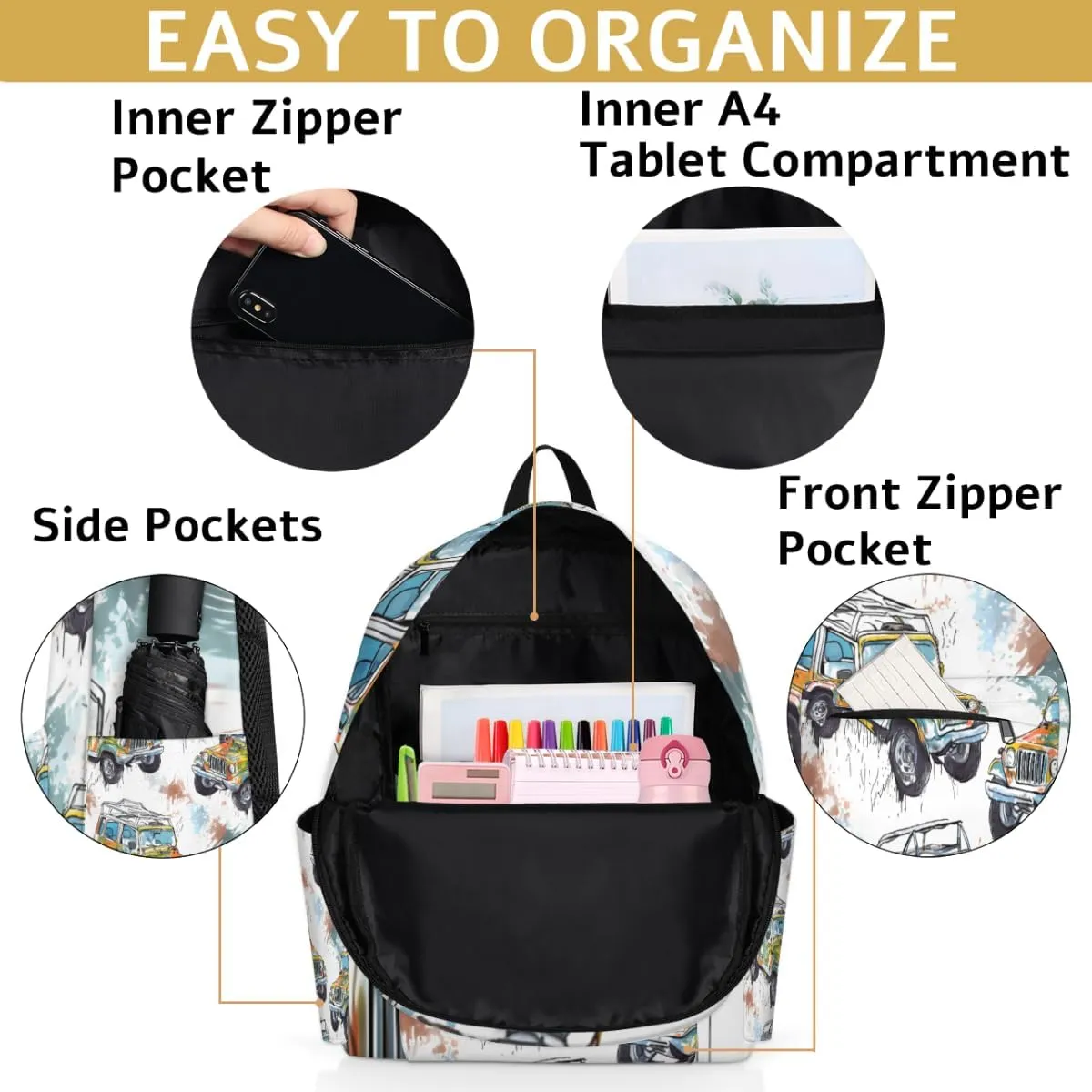 Kids Backpack for Girls Boys School Bookbag Water Resistant Lightweight Travel Bag Adjustable Shoulder Straps Preschool Primary School Toddler Backpack Watercolor Pattern Jeep Car