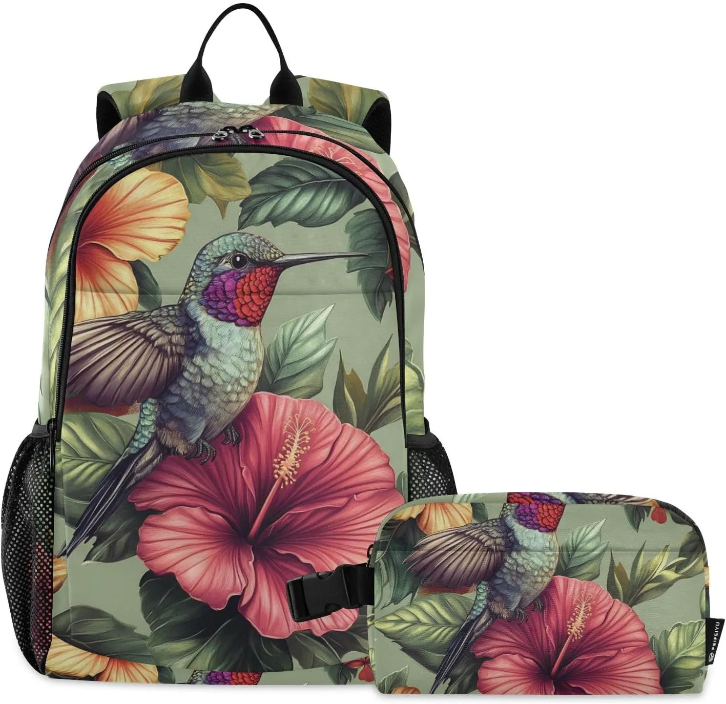 Kids Backpacks Set Hummingbird Bird Flower Pollen Boys Girls Backpack with Lunch Bag Toddler Bookbag