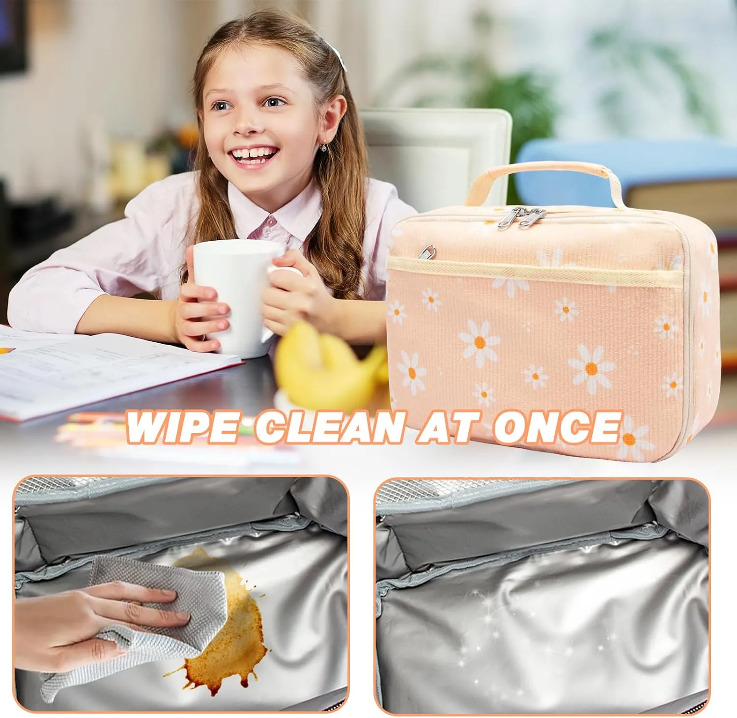 Kids Lunch Box for Girls Boys Insulated Lunch Bag Reusable Cooler Lunch Box for Toddler Child School Daycare Picnic (Corduroy Daisy Beige)