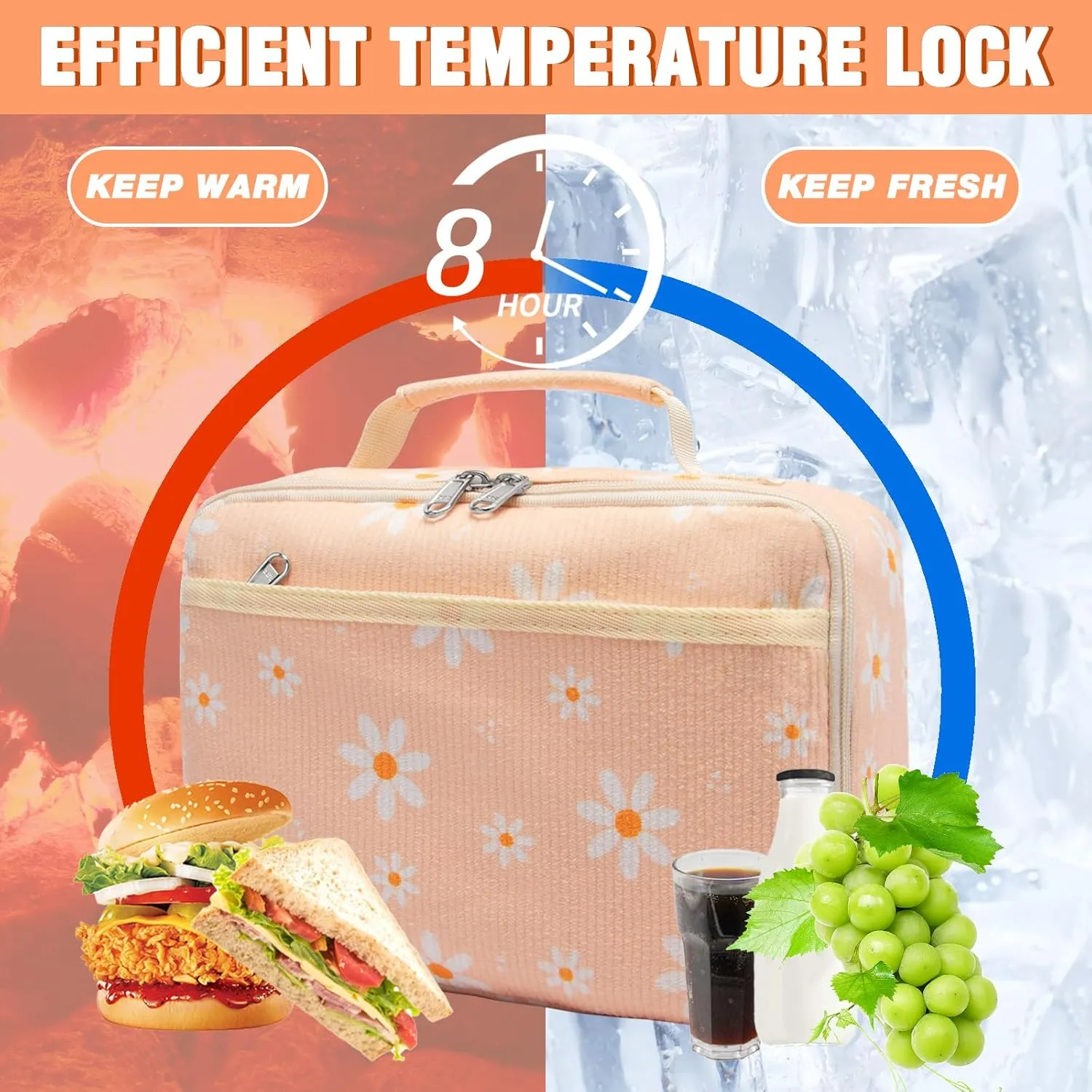 Kids Lunch Box for Girls Boys Insulated Lunch Bag Reusable Cooler Lunch Box for Toddler Child School Daycare Picnic (Corduroy Daisy Beige)