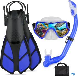 Kids Snorkeling Set - Adjustable Flippers   Panoramic Snorkel Mask   Dry Snorkel Tube   Travel Bags - Suitable for Kids & Juniors, Age 5-14