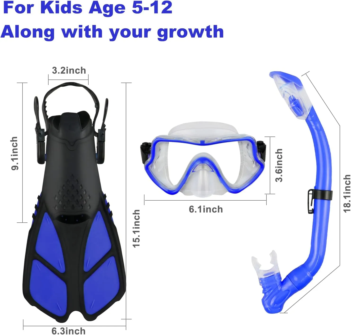 Kids Snorkeling Set - Adjustable Flippers   Panoramic Snorkel Mask   Dry Snorkel Tube   Travel Bags - Suitable for Kids & Juniors, Age 5-14