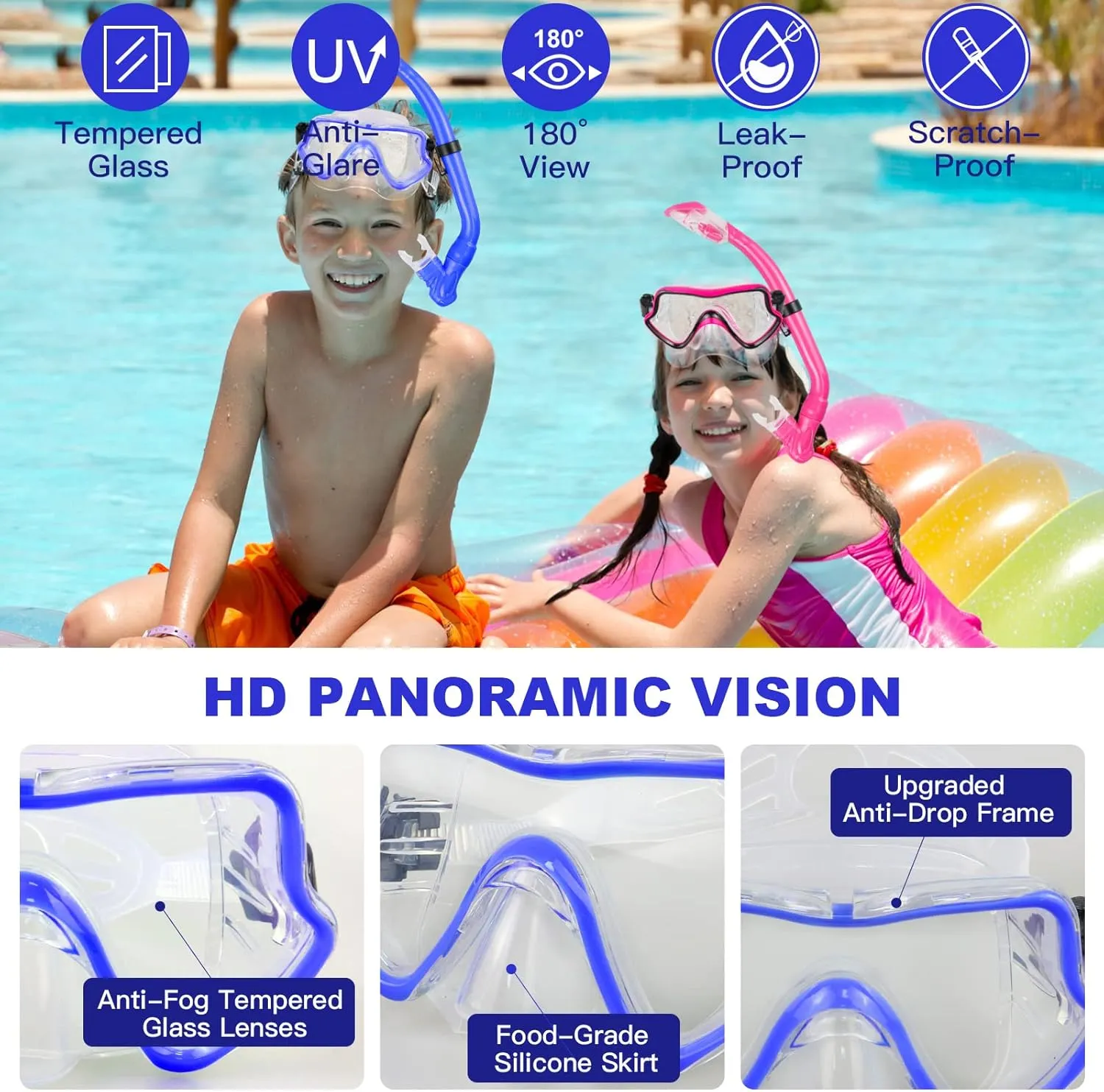 Kids Snorkeling Set - Adjustable Flippers   Panoramic Snorkel Mask   Dry Snorkel Tube   Travel Bags - Suitable for Kids & Juniors, Age 5-14