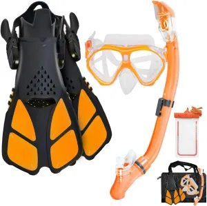 Kids Snorkeling Set Children Mask Fin Snorkel Set Snorkeling Gear Snorkel Mask   Adjustable Swimming Kids Flippers  Dry Snorkel Tube   Travel Bags