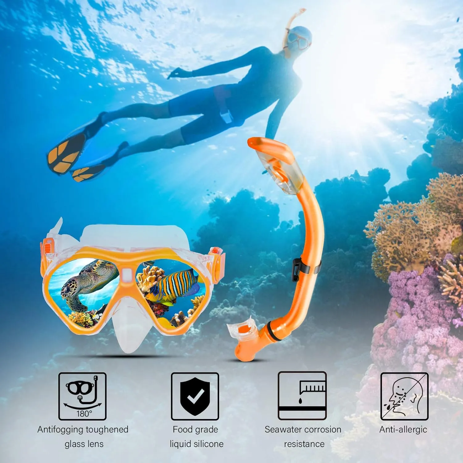Kids Snorkeling Set Children Mask Fin Snorkel Set Snorkeling Gear Snorkel Mask   Adjustable Swimming Kids Flippers  Dry Snorkel Tube   Travel Bags