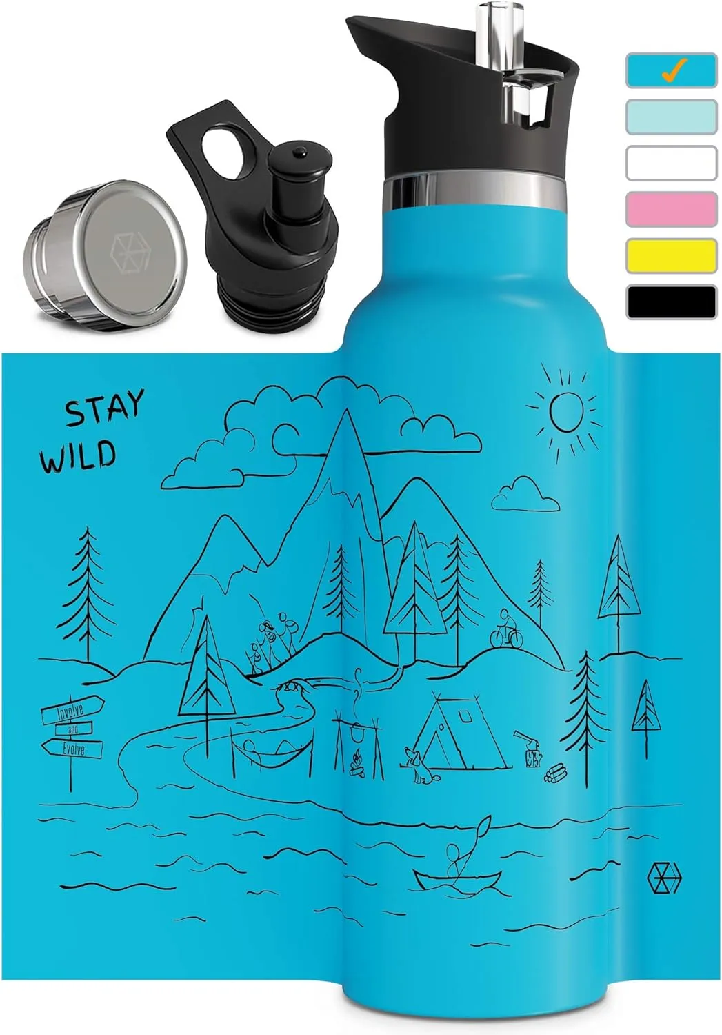 Kids Water Bottle Easy-Sip Straw Lid Leak-Proof Insulated Stainless Steel Thermos Perfect for School & Pickleball 3 Lids BPA-Free Keeps Drinks Cold for 24 Hours (Stay Wild 20oz)